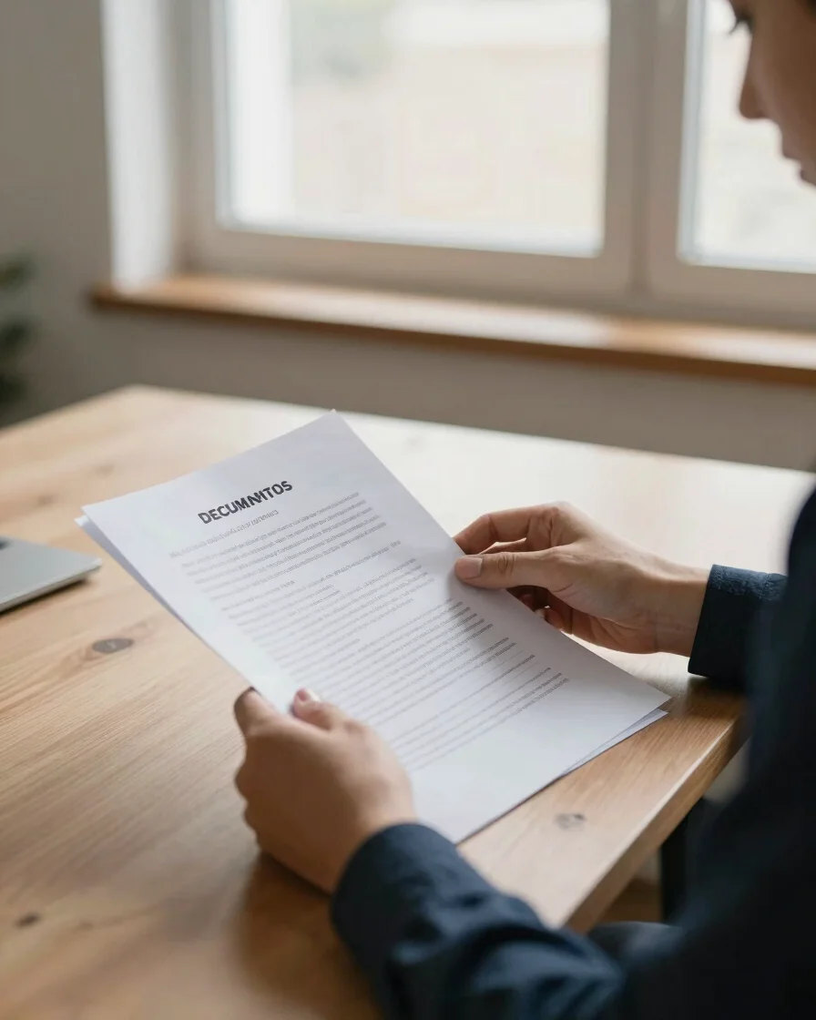 Documentos de trabajo jurídico sobre una mesa clara, manos revisa